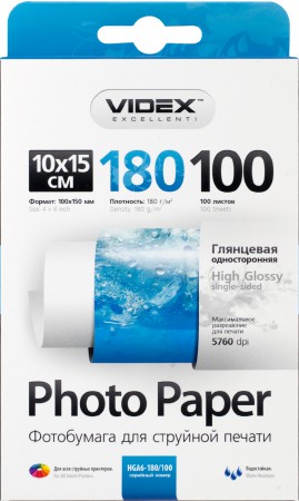 Фотобумага Videx глянцевая А6 180г/м2 100л