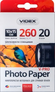 Фотобумага Videx микропористая шелков-глянцевая А6 260г/м2 20л